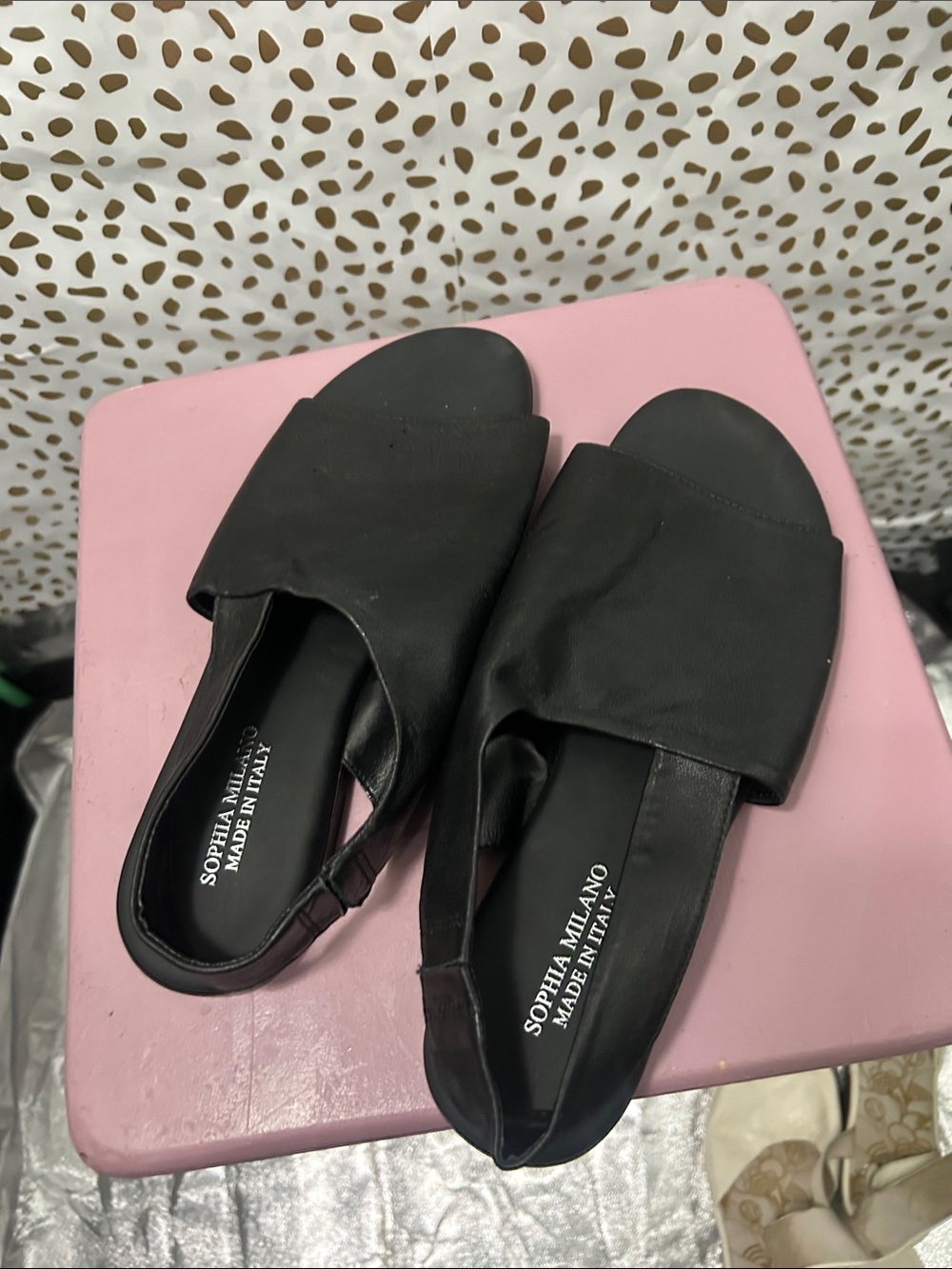 Sophia Milano Black Leather Open-Toe Slide Mules